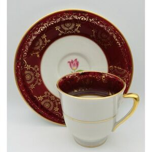 Jackson Featherweight China Teacup Saucer Red Gold Floral Tulip Vintage USA Made